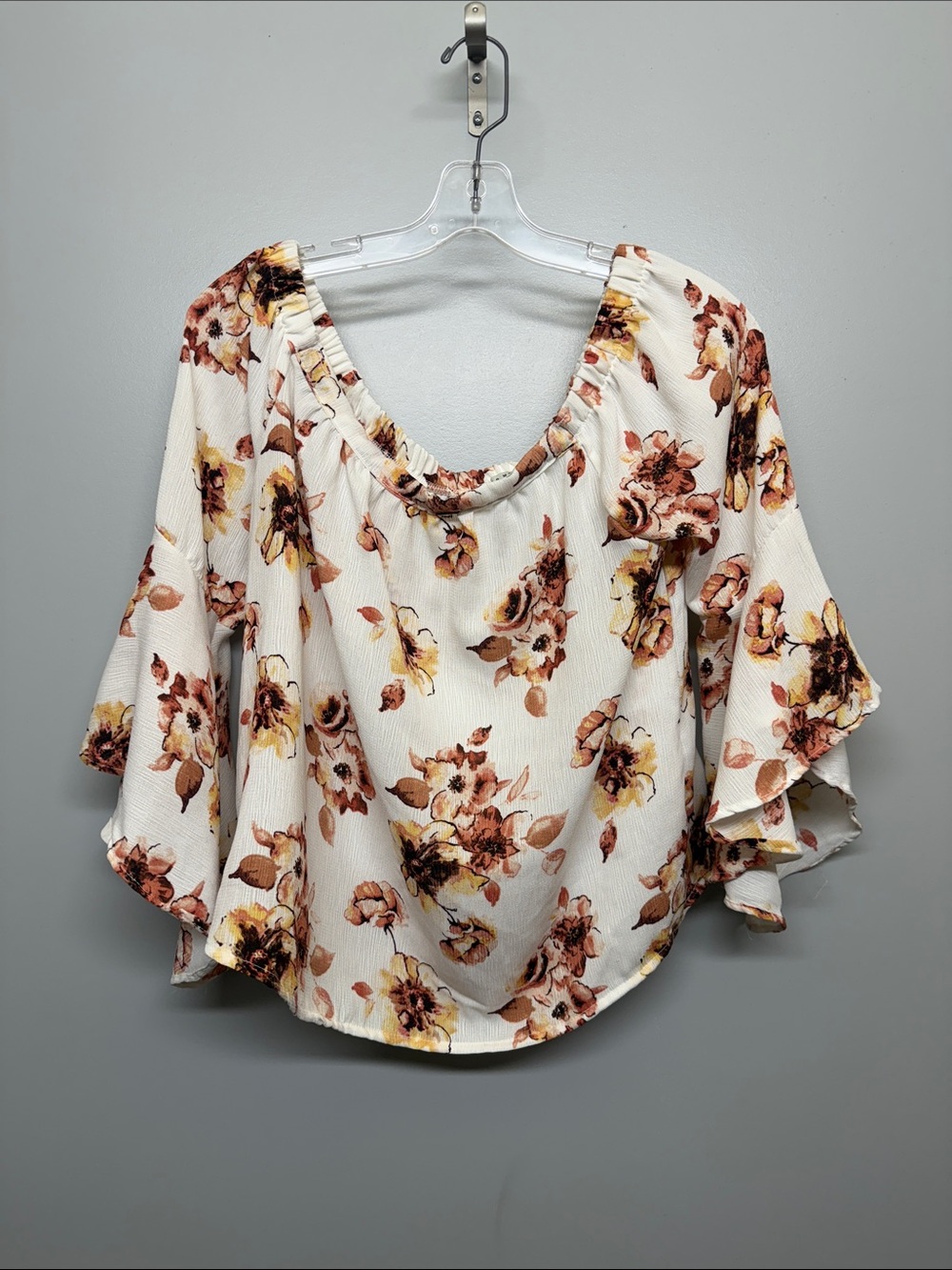 Haute Monde Floral Off-Shoulder Blouse in Cream with Brown & Yellow Bloom